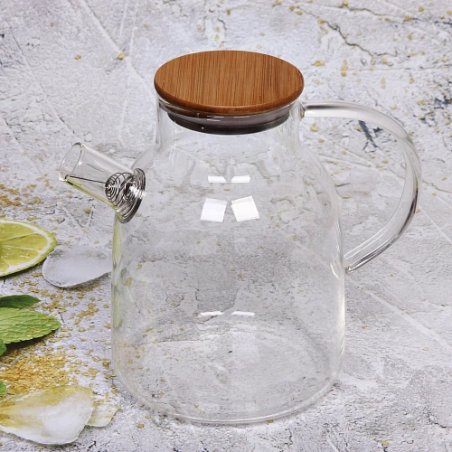 Чайник заварочный  стеклянный 1800мл Хай-Тек с бамбуковой крышкой, круглая ручка_5