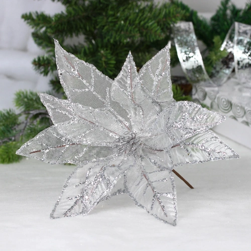 Украшение новогоднее "Пуансеттия - Блестящее утро" 33 см, Серебро