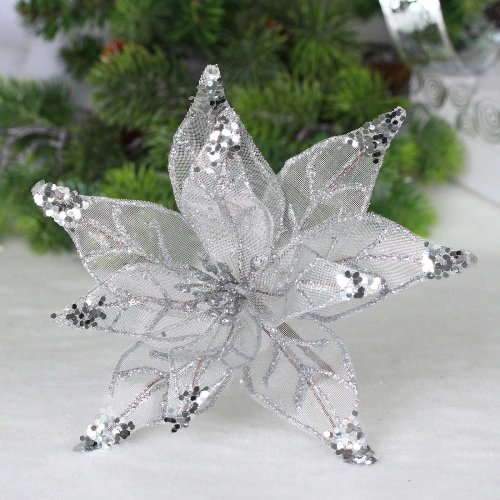 Украшение новогоднее "Пуансеттия - Искристый цветок" 20 см, Серебро