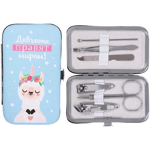 Набор для маникюра в футляре 6 предметов "Девчата правят миром!",11*6,5см (разработка РЦ Восток / пакет с подвесом)