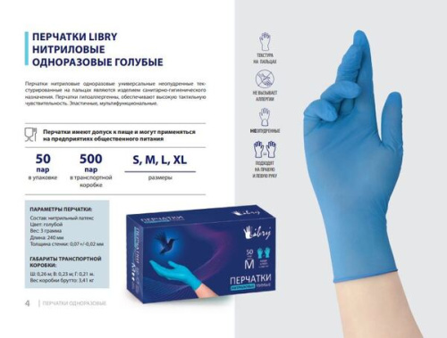 Перчатки нитриловые текстурированные на пальцах Libry голубые S 500/50