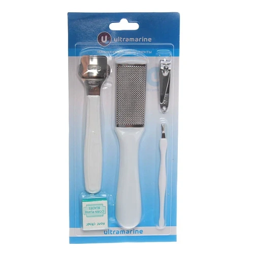 Педикюрный набор на блистере, 5 предметов &quot;Ultramarine&quot; (скребок для пяток, терка металлическая для ног, триммер, кусачки и лезвия)