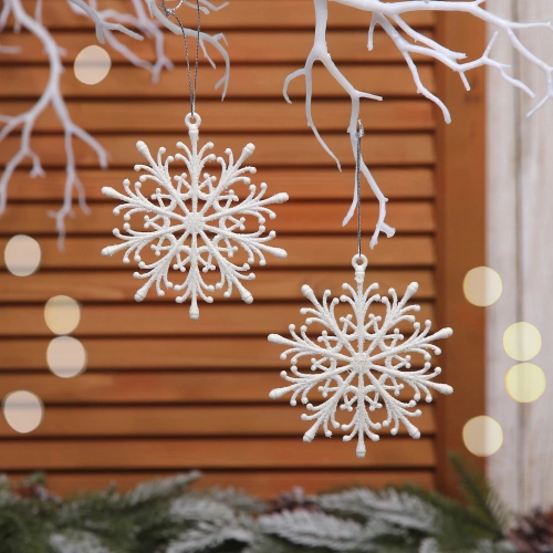 Подвески в блестках "Снежинки волшебные" 9 см (набор 2шт), белый