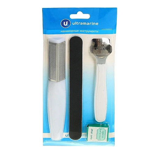 Педикюрный набор на блистере, 4 предметов &quot;Ultramarine&quot; (терка для ног, лезвия, пилка нождачная и нож педикюрный)
